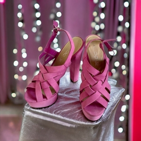 ALDO Pumps Pink Suede Leather Stiletto Heel Shoes. Women’s Peep Toe Sandals - Picture 2 of 6